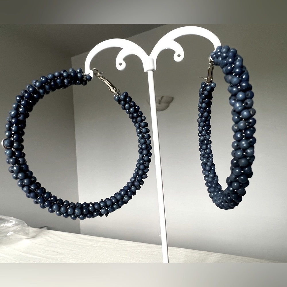 Dark blue beaded hoops (2.75 inch diameter)